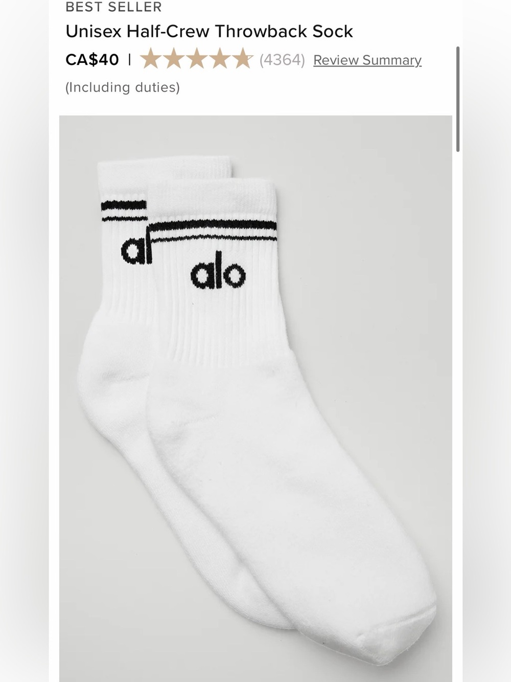 ALO Yoga White Crew Socks with Black Logo Stripe